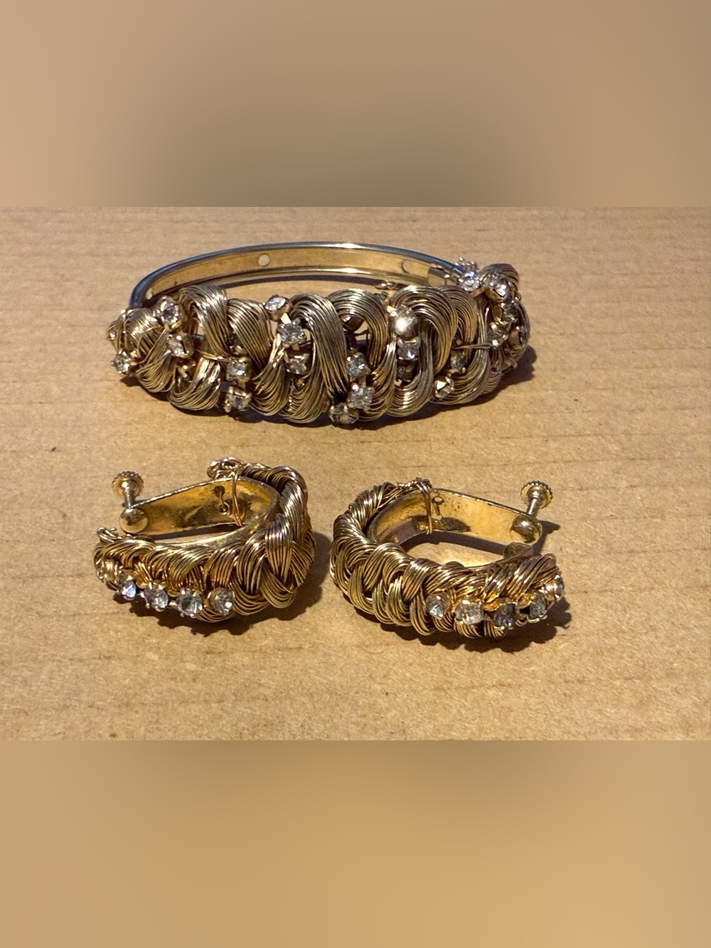 Gold-Tone Vintage Crystal Braided Bracelet and Hoop Earrings Set Rare!!!